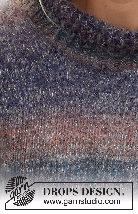 Autumn Dusk / DROPS 227-17 - Pull sans manches tricoté en DROPS Delight et DROPS Brushed Alpaca Silk. Se tricote avec col montant, bordures en côtes et fente sur les côtés. Du S au XXXL.