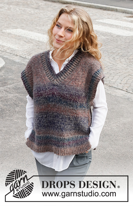 Sunset Poem / DROPS 227-18 - Knitted vest / slipover in DROPS Delight and DROPS Brushed Alpaca Silk. The piece is worked with V-neck, ribbed edges and split in the sides. Sizes S - XXXL.