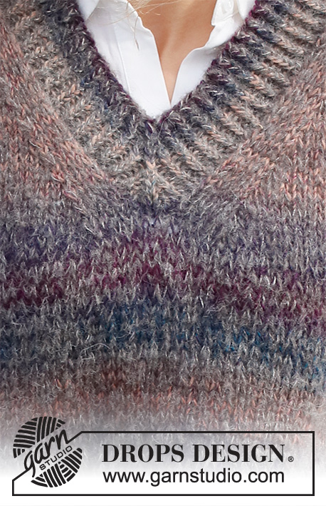 Sunset Poem / DROPS 227-18 - Knitted vest / slipover in DROPS Delight and DROPS Brushed Alpaca Silk. The piece is worked with V-neck, ribbed edges and split in the sides. Sizes S - XXXL.