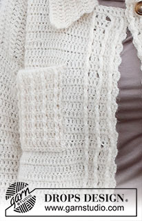 White Autumn / DROPS 227-19 - Sweter rozpinany na szydełku, z włóczek DROPS Sky i DROPS Kid-Silk, z oczkami nakładanymi, kieszeniami i pęknięciami na bokach. Od S do XXXL