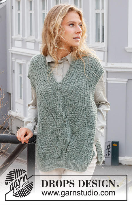 Ash Mint Slipover / DROPS 227-31 - Knitted vest / slipover in DROPS Sky and DROPS Kid-Silk. Piece is knitted with V-neck pattern, vents in the sides, textured pattern and displacements. Size XS – XXL.