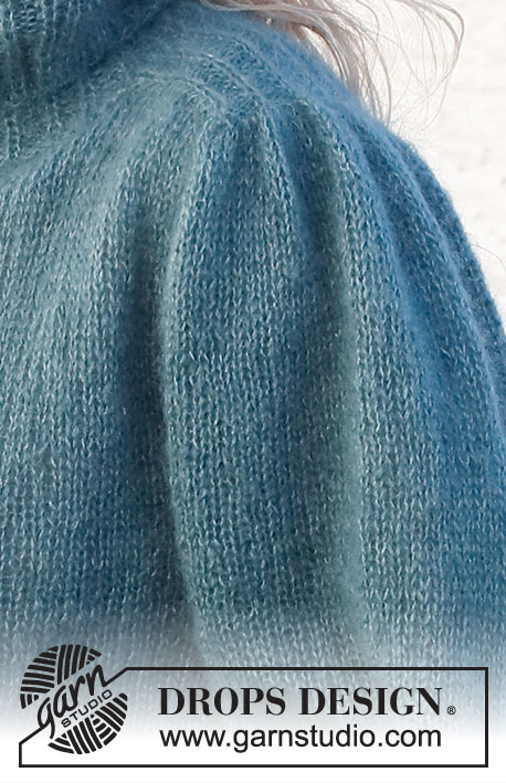 Falling Water / DROPS 227-40 - Sweter rozpinany na drutach, przerabiany od góry do dołu, 2 nitkami włóczki DROPS Kid-Silk. Z bufiastymi rękawami typu saddle shoulder i wysokim wykończeniem dekoltu. Od S do XXXL.