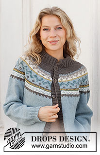 Edge of the Woods / DROPS 227-51 - Knitted jacket in DROPS Merino Extra Fine. Piece is knitted top down with double neck edge, round yoke and Nordic pattern. Size: S - XXXL