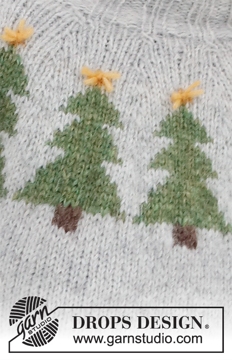 Merry Trees / DROPS 228-47 - Jersey / jersey de Navidad de punto en DROPS Air. La pieza está tejida de arriba hacia abajo, con canesú redondo y patrón de árboles de Navidad. Tallas XS – XXL. Tema: Navidad.