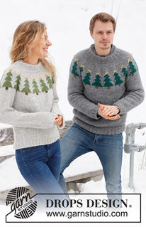 Merry Trees / DROPS 228-47 - Sweter / świąteczny sweter na drutach, przerabiany od góry do dołu, z zaokrąglonym karczkiem i żakardem w choinki, z włóczki DROPS Air. Od XS do XXL. Temat: Boże Narodzenie.