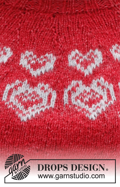 Merry Hearts / DROPS 228-50 - Strikket Julebluse i DROPS Air. Blusen strikkes oppefra og ned med rundt bærestykke og hjerte mønster. Størrelse XS - XXL. Tema: Jul.