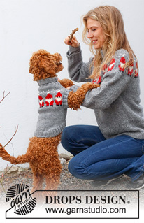 Merry Santas / DROPS 228-54 - Sweter / świąteczny sweter dla psa na drutach z włóczki DROPS Alaska, z żakardem norweskim. Od XS do M. Temat: Boże Narodzenie.