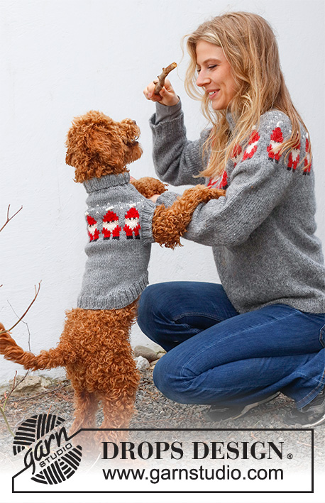 Merry Santas / DROPS 228-54 - Kötött pulóver kutyáknak DROPS Alaska fonalból. A darabot mikulásfejes norvégmintával készítjük. XS-M méretben Téma: Karácsony