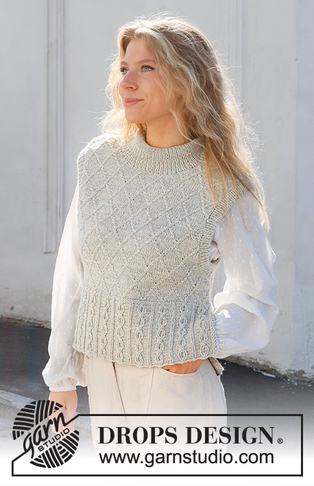 Diamond Sky / DROPS 228-8 - Knitted vest / slipover in DROPS Lima or DROPS Merino Extra Fine. Piece is knitted with cables, textured pattern, double neck edge and sleeve edges. Size: S - XXXL