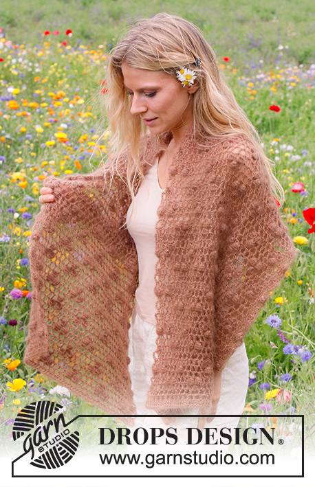 Spring's Blush / DROPS 229-11 - Crochet stole in 2 strands DROPS Kid-Silk. Piece is crocheted with bobbles and lace pattern.