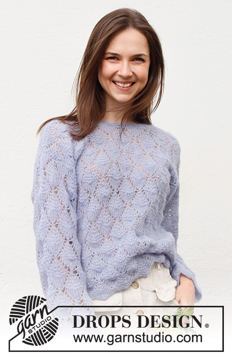 Lila Mist / DROPS 230-24 - Knitted jumper in DROPS Brushed Alpaca Silk. The piece is worked bottom up with lace pattern. Sizes S - XXXL.