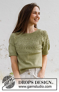 Treasure Hunt Top / DROPS 230-41 - Knitted short-sleeved jumper / T-shirt in DROPS Safran. The piece is worked bottom up with round yoke, lace-pattern and relief-pattern. Sizes S - XXXL.