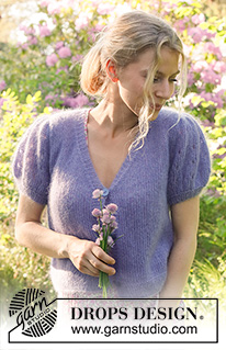 Violet Meadow Cardigan / DROPS 230-56 - Rozpinany sweter na drutach przerabiany od dołu do góry, z dekoltem w kształcie litery V i bufiastymi rękawami, 2 nitkami włóczki DROPS Kid-Silk. Od S do XXXL.