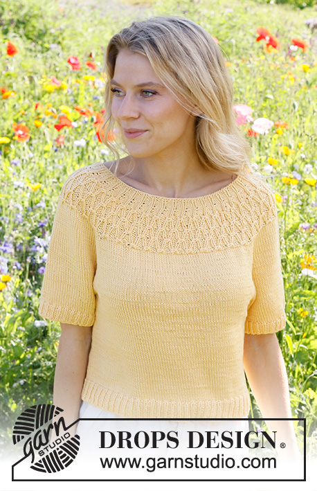 Sunny Song / DROPS 231-5 - Knitted jumper with short sleeves / t-shirt in DROPS Muskat. Piece is knitted top down with round yoke and cables. Size S-XXXL.