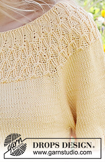 Sunny Song / DROPS 231-5 - Sweter / t-shirt na drutach, przerabiany od góry do dołu, z zaokrąglonym karczkiem, warkoczami, z krótkim rękawem, z włóczki DROPS Muskat. Od S do XXXL.