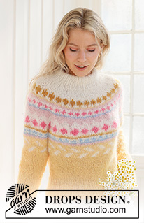 Lemon Meringue Sweater / DROPS 231-55 - Jersey de punto en DROPS Melody. La pieza está tejida de arriba hacia abajo, con patrón de jacquard multicolor, canesú redondo y cuello doble. Tallas S – XXXL.