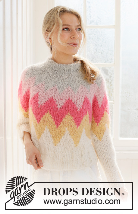 Pink Lemonade Sweater / DROPS 231-56 - DROPS Melody lõngast ülevalt alla kootud mitmevärvilise mustriga ümara passega ja topeltkaelusega džemper suurustele S kuni XXXL