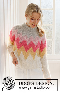 Pink Lemonade Sweater / DROPS 231-56 - Strikket bluse i DROPS Melody. Arbejdet strikkes oppefra og ned med dobbelt halskant, rundt bærestykke og flerfarvet mønster. Størrelse S - XXXL.