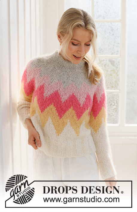 Pink Lemonade Sweater / DROPS 231-56 - Sweter na drutach, przerabiany od góry do dołu, z żakardem, zaokrąglonym karczkiem i podwójnym wykończeniem dekoltu, z włóczki DROPS Melody. Od S do XXXL.