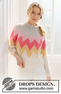 Pink Lemonade Sweater / DROPS 231-56 - Strikket bluse i DROPS Melody. Arbejdet strikkes oppefra og ned med dobbelt halskant, rundt bærestykke og flerfarvet mønster. Størrelse S - XXXL.