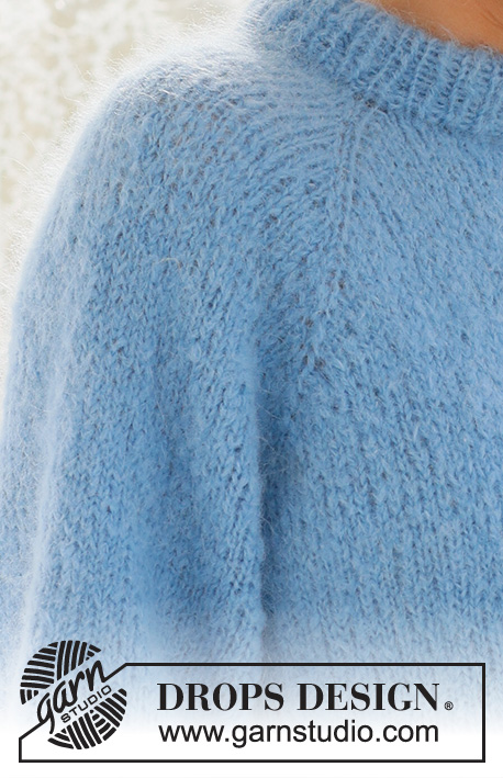 Blueberry Cream Sweater / DROPS 231-57 - Stickad tröja i DROPS Melody. Arbetet stickas uppifrån och ner med dubbel halskant och raglan. Storlek S - XXXL.