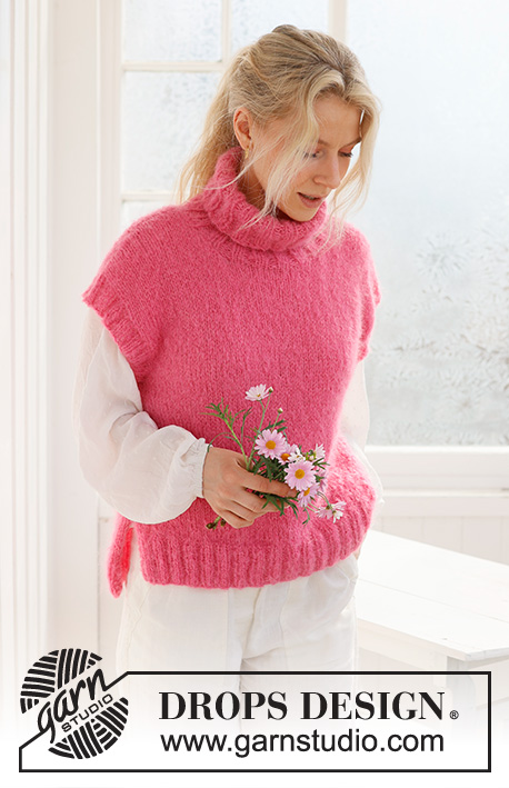 Cherry Sorbet Vest / DROPS 231-59 - Knitted vest in DROPS Melody. The piece is worked bottom up, in stockinette stitch, with high neck and split in the sides. Sizes S – XXXL.