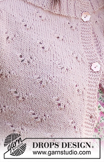 Pink Peony Cardigan / DROPS 232-26 - Gebreid vest in DROPS Flora. Het werk wordt van boven naar beneden gebreid met zadelschouders, kantpatroon en ¾ lengte mouwen. Maat: S - XXXL
