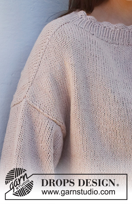 Sweet History / DROPS 232-44 - Sweter na drutach, przerabiany od góry do dołu dżersejem, z rękawami typu saddle shoulder, z włóczki DROPS Belle. Od S do XXXL.
