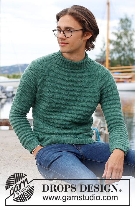 Green Harmony / DROPS 233-11 - Męski sweter na drutach, przerabiany od góry do dołu, z reglanowymi rękawami, ściegiem strukturalnym i podwójnym wykończeniem dekoltu, z włóczki DROPS Nord. Od S do XXXL.