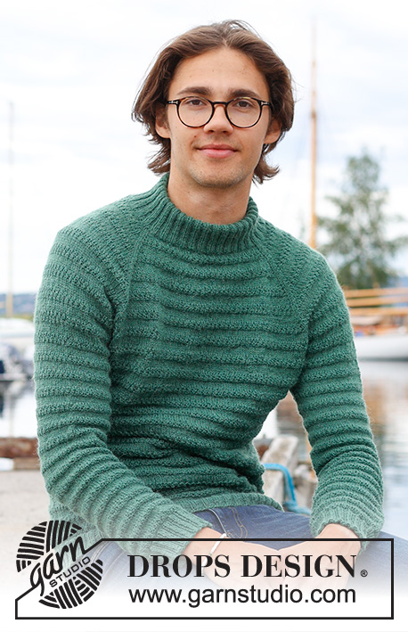 Green Harmony / DROPS 233-11 - Męski sweter na drutach, przerabiany od góry do dołu, z reglanowymi rękawami, ściegiem strukturalnym i podwójnym wykończeniem dekoltu, z włóczki DROPS Nord. Od S do XXXL.