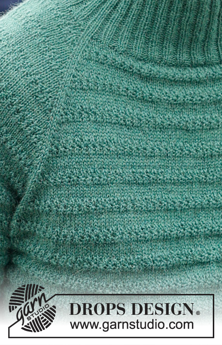 Green Harmony / DROPS 233-11 - Gebreide trui voor heren in DROPS Nord. Het werk wordt van boven naar beneden gebreid met raglan, structuurpatroon en dubbele halsrand. Maten S - XXXL.
