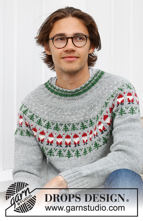 Christmas Time Sweater / DROPS 233-12 - Strikket genser til herre i DROPS Karisma. Arbeidet strikkes ovenfra og ned med rundfelling og flerfarget mønster med nisse og grantre. Størrelse S - XXXL. Tema: Jul.