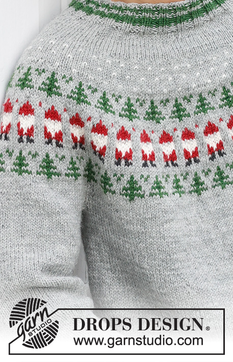 Christmas Time Sweater / DROPS 233-12 - Męski sweter na drutach, przerabiany od góry do dołu, z zaokrąglonym karczkiem i żakardem w Mikołaje i choinki, z włóczki DROPS Karisma. Od S do XXXL. Temat: Boże Narodzenie.