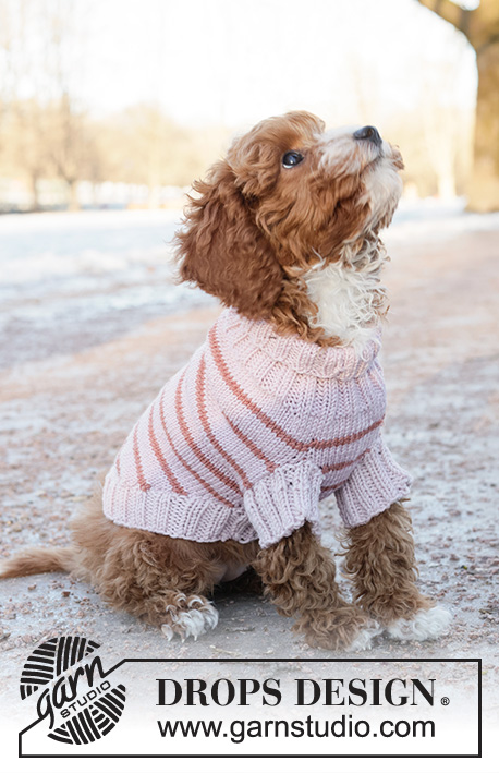 Pink Stripes / DROPS 233-19 - Pull tricoté pour chien, en DROPS Merino Extra Fine. Se tricote de haut en bas, avec des rayures. Du XS au M.