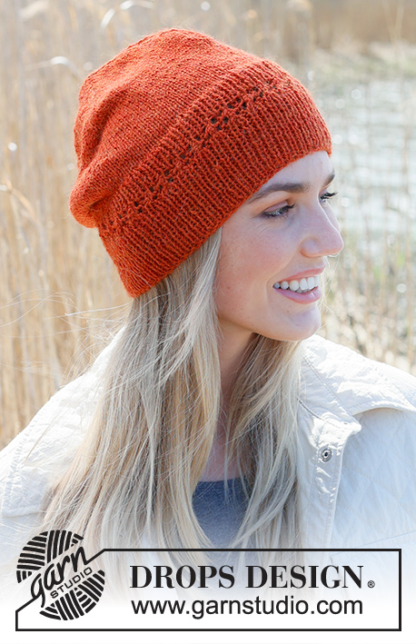 Sweet Orange / DROPS 234-52 - Knitted hat in DROPS Alpaca. Piece is knitted bottom up with rib, stockinette stitch and lace pattern.