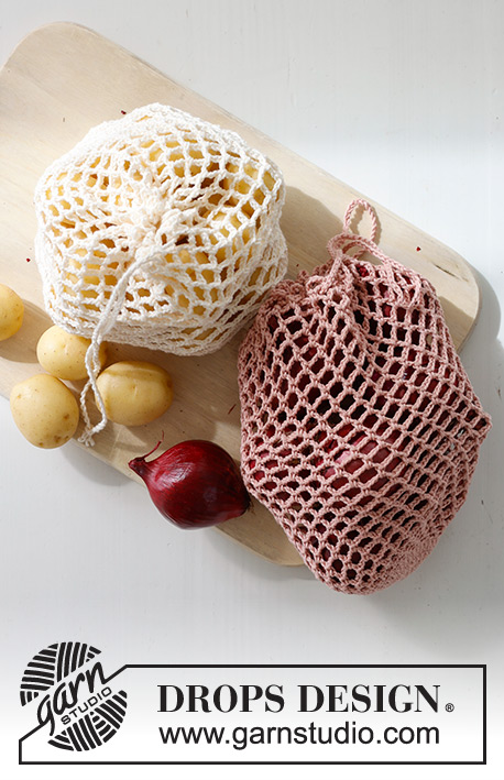 Seasonal Fruit / DROPS 234-76 - Pequena rede em croché para fruta e legumes, em DROPS Safran. Crocheta-se em ponto rendado. Tema: Natal
