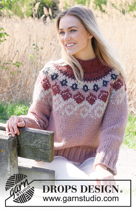 Norway Rose / DROPS 235-20 - Knitted jumper in DROPS Wish or DROPS Snow. The piece is worked top down with double neck, round yoke and multi-coloured pattern. Sizes S - XXXL.