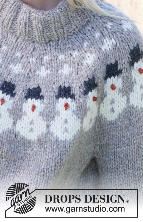 Snowman Time Sweater / DROPS 235-38 - Ylhäältä alas neulottu pusero DROPS Wish-langasta. Työssä on kaksinkertainen pääntien reunus, kaarroke, kirjoneuletta ja lumiukkokuvioita. Koot S-XXXL.