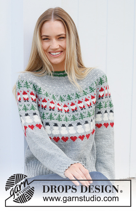Christmas Time Sweater / DROPS 235-39 - Strikket bluse i DROPS Karisma. Arbejdet strikkes oppefra og ned med rundt bærestykke og flerfarvet mønster med nisse, grantræ, snemand og hjerte. Størrelse S - XXXL. Tema: Jul.