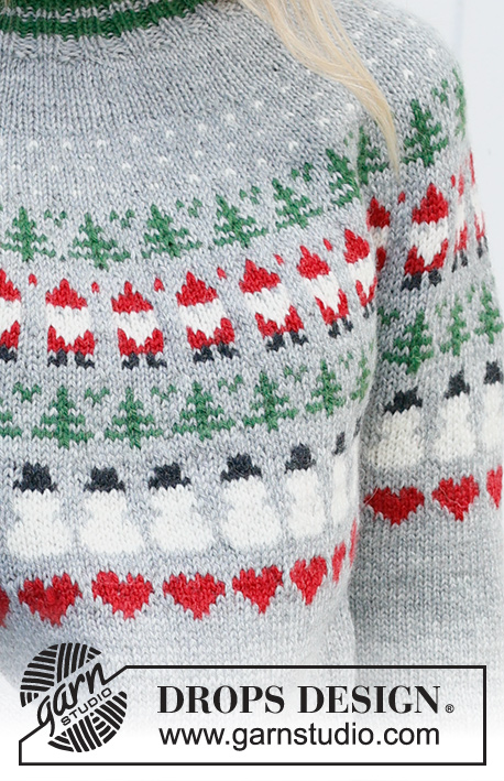 Christmas Time Sweater / DROPS 235-39 - Gestrickter Pullover in DROPS Karisma. Die Arbeit wird von oben nach unten mit Rundpasse und mehrfarbigem Muster mit Weihnachtswichteln, Tannen, Schneemännern und Herzen gestrickt. Größe S - XXXL. Thema: Weihnachten.