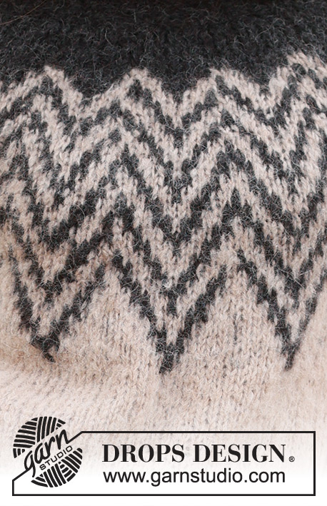 Inverted Peaks Sweater / DROPS 235-4 - Gebreide trui in DROPS Melody. Het werk wordt van boven naar beneden gebreid met dubbele hals, ronde pas en tweekleurig patroon. Maten S - XXXL.