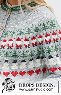 Christmas Time Cardigan / DROPS 235-40 - Casaco tricotado de cima para baixo, com encaixe arredondado e jacquard com Pai Natal, árvore de Natal, boneco de neve e coração, em DROPS Karisma. Do S ao XXXL. Tema: Natal.