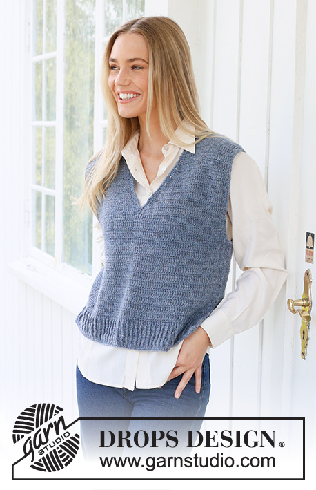 Lake View Vest / DROPS 236-32 - Crocheted vest in DROPS Sky. The piece is worked bottom up with relief-pattern, V-neck and split in the sides. Sizes S - XXXL.