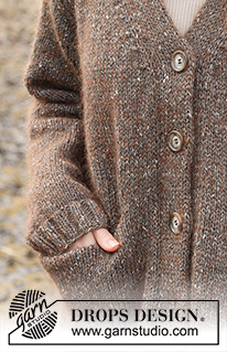 Autumn Woods Cardigan / DROPS 237-24 - Stickad lång kofta i DROPS Soft Tweed och DROPS Kid-Silk. Arbetet stickas nedifrån och upp med slätstickning, dubbelstickad framkant, v-hals och fickor. Storlek XS - XXL.