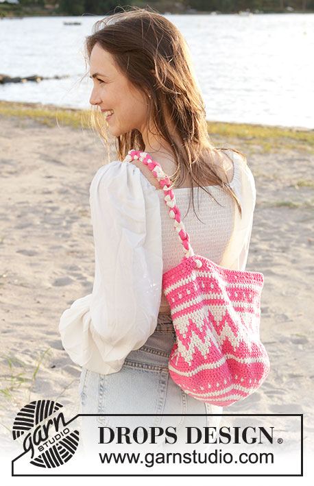 Pink Peaks Bag / DROPS 238-11 - Crocheted bag in DROPS PARIS. Piece is work bottom up with multi-colored pattern.