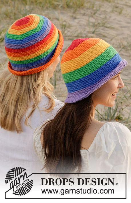 Double Rainbow Hat / DROPS 238-20 - Hæklet hat i DROPS Paris. Arbejdet hækles rundt, oppefra og ned med regnbue striber. Størrelse S - XL.