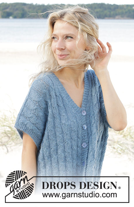 Swirling Sea Vest / DROPS 239-13 - Knitted oversized vest in DROPS Flora and DROPS Kid-Silk. Piece is knitted bottom up with cables, vents in the side, diagonal shoulder and V-neck. Size XS – XXL.