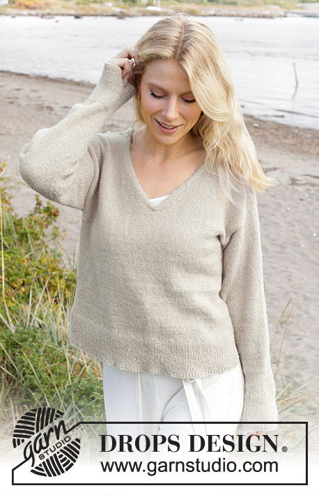 Idle Summer / DROPS 239-30 - Knitted jumper in DROPS Sky or DROPS Daisy. Piece is knitted top down with European shoulder / diagonal shoulder, V-neck and i-cord. Size: S - XXXL
