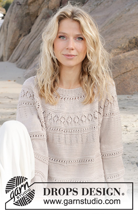 Sand Piper / DROPS 239-4 - Knitted jumper in DROPS Muskat or DROPS Cotton Merino. The piece is worked top down, with round yoke and lace pattern. Sizes S - XXXL.