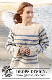 Marina Del Rey / DROPS 239-5 - Pull tricoté de haut en bas avec emmanchures raglan, rayures et fente sur les côtés, en DROPS Soft Tweed. Du S au XXXL.